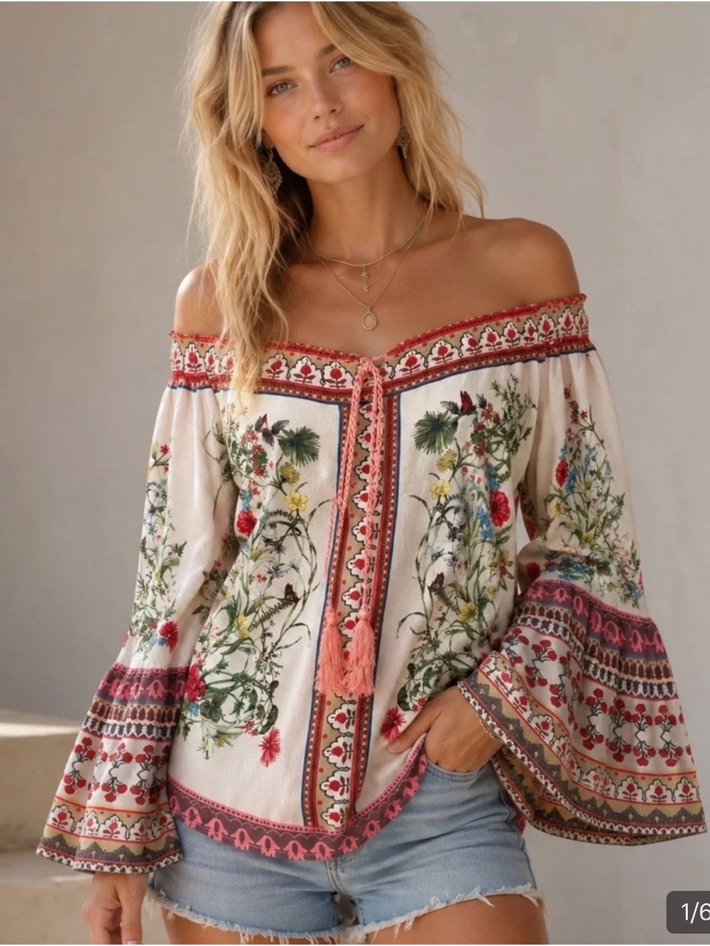 Umgee Cream Off-Shoulder Floral Embroidered Peasant Blouse with Coral Trim